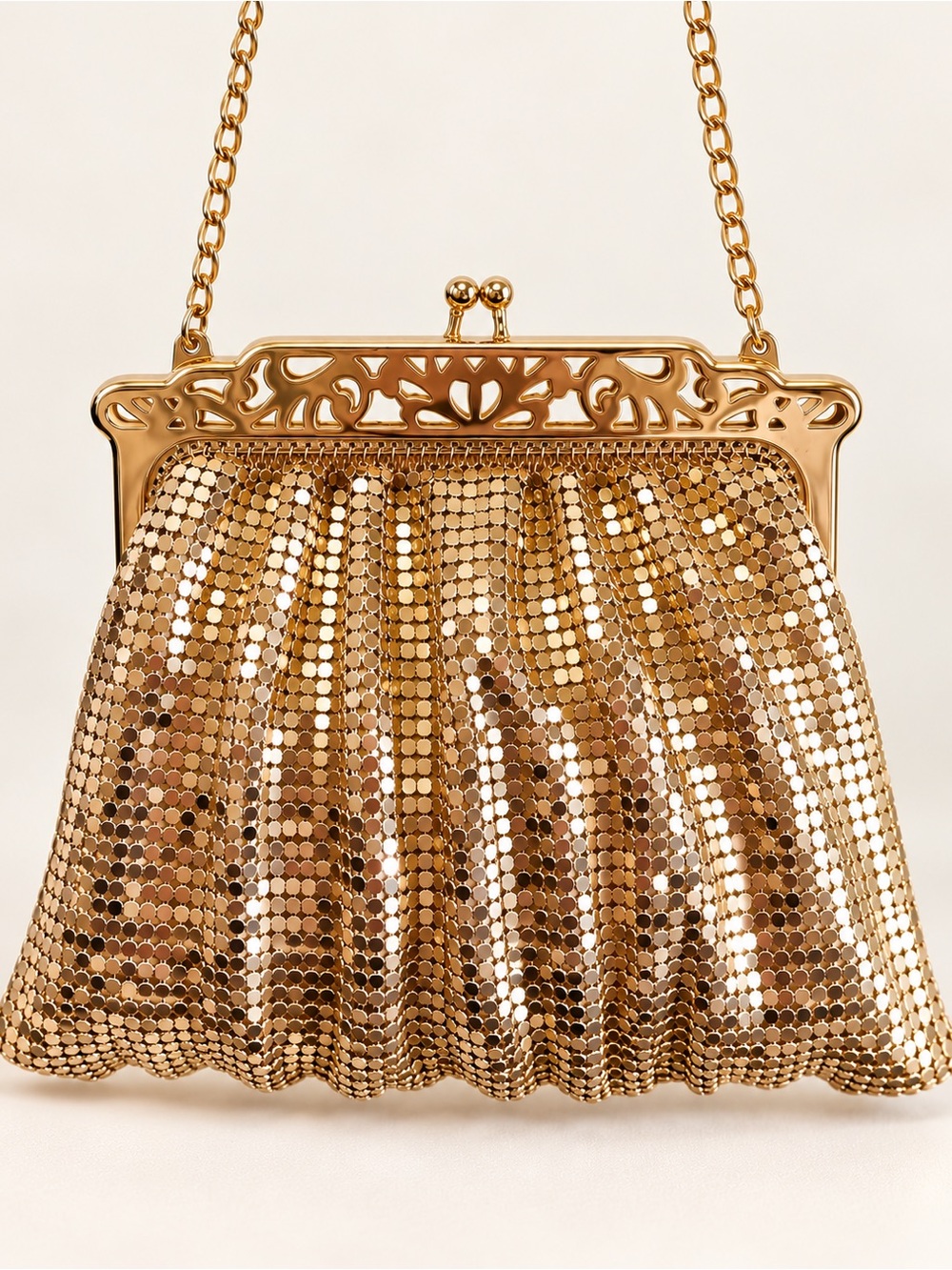 Vintage Whiting & Davis Gold Metal Mesh Evening Shoulder Bag 6501XG USA w Box